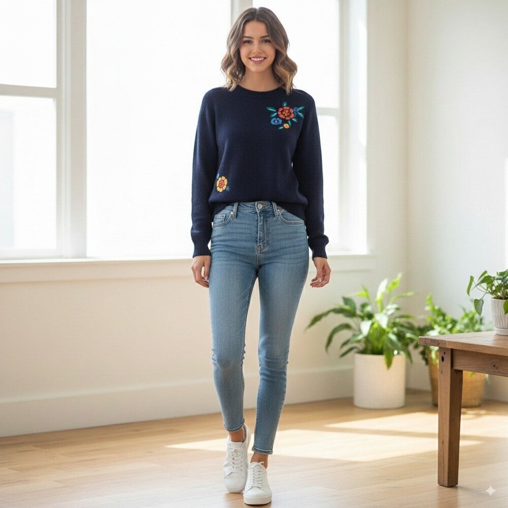 Lost + Wander Sweet Bouquet Pullover Sweater Navy Floral Size Small NWT